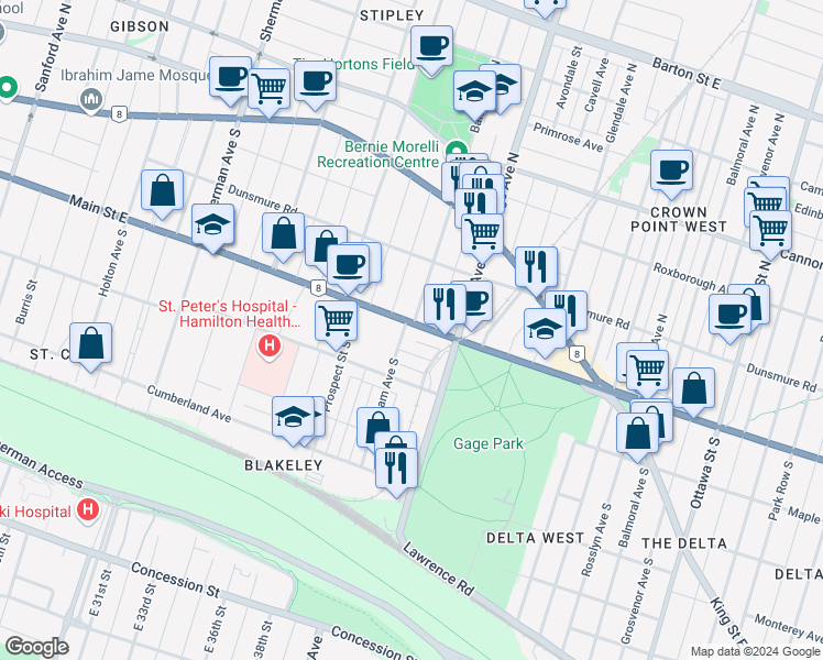 map of restaurants, bars, coffee shops, grocery stores, and more near 948 Main Street East in Hamilton
