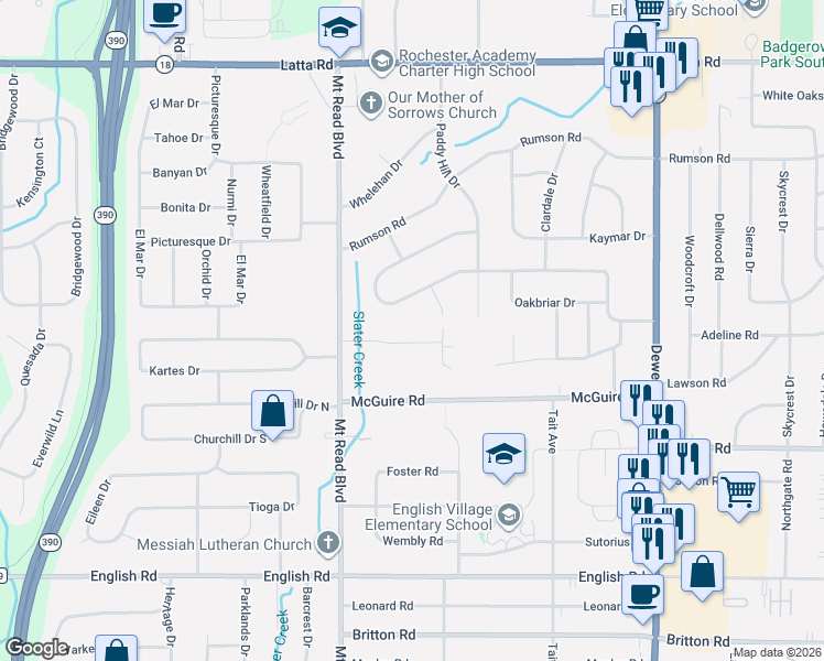 map of restaurants, bars, coffee shops, grocery stores, and more near 166 Mobile Drive in Rochester