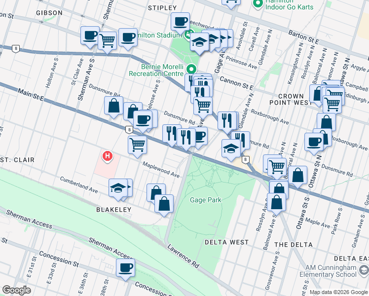 map of restaurants, bars, coffee shops, grocery stores, and more near 97 Connaught Avenue South in Hamilton