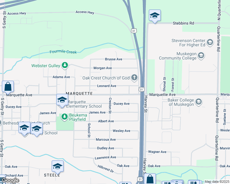 map of restaurants, bars, coffee shops, grocery stores, and more near 1428 Marquette Avenue in Muskegon