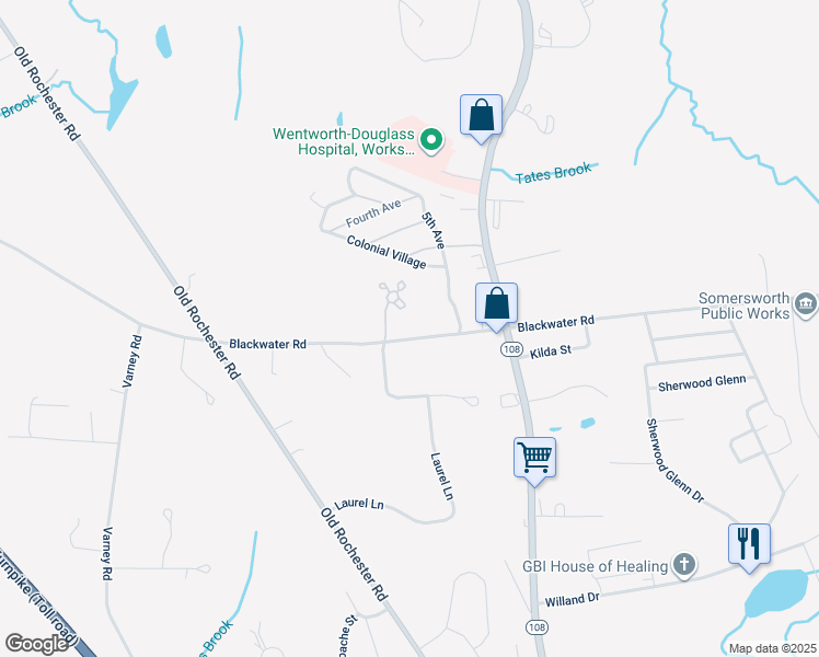 map of restaurants, bars, coffee shops, grocery stores, and more near 164 Blackwater Road in Somersworth