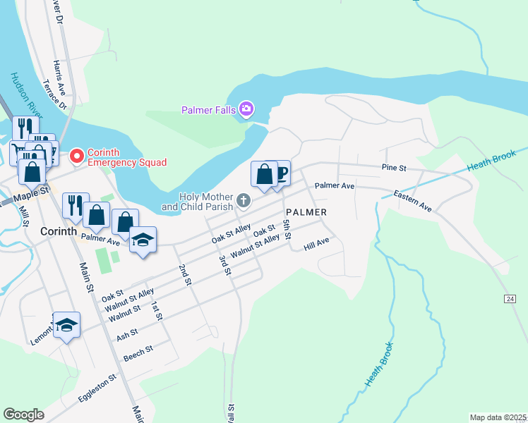map of restaurants, bars, coffee shops, grocery stores, and more near 415 Oak Street in Corinth