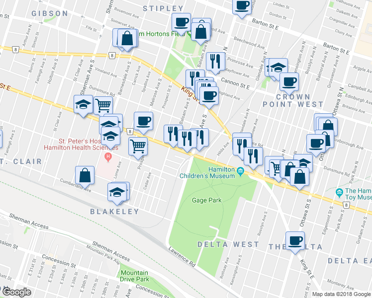 map of restaurants, bars, coffee shops, grocery stores, and more near in Hamilton