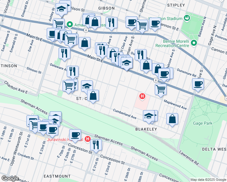 map of restaurants, bars, coffee shops, grocery stores, and more near 193 Saint Clair Boulevard in Hamilton