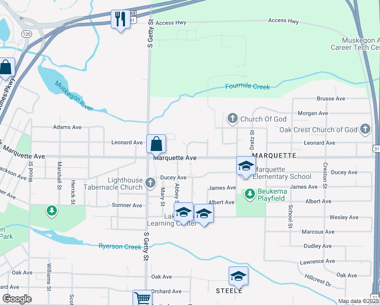 map of restaurants, bars, coffee shops, grocery stores, and more near 24 Lighton Drive in Muskegon