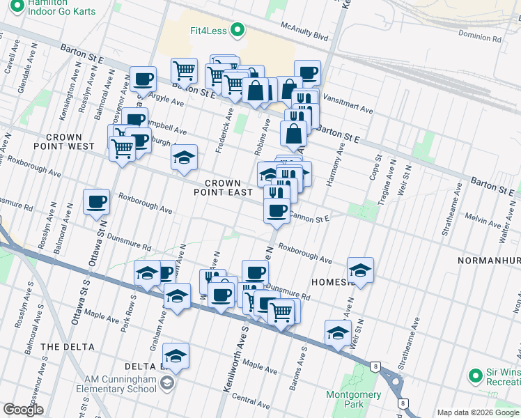 map of restaurants, bars, coffee shops, grocery stores, and more near 1382 Cannon Street East in Hamilton
