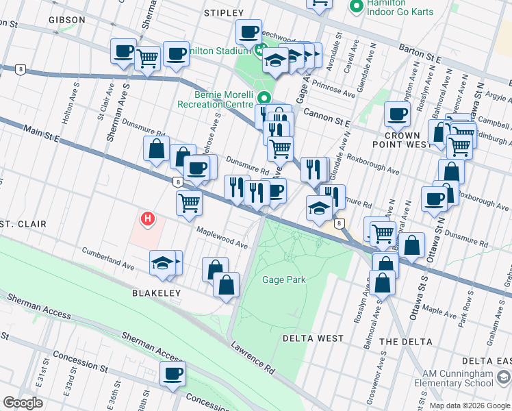 map of restaurants, bars, coffee shops, grocery stores, and more near 97 Connaught Avenue South in Hamilton