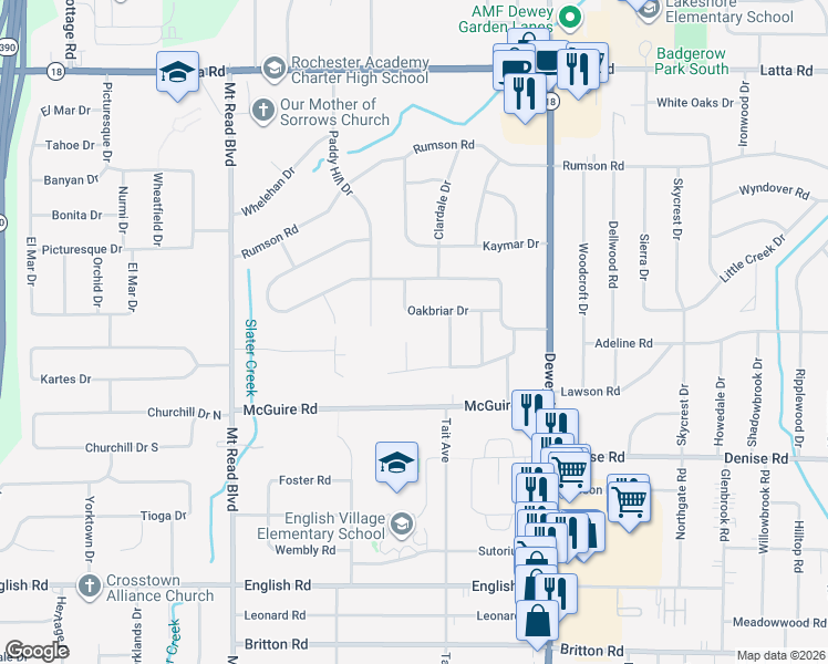 map of restaurants, bars, coffee shops, grocery stores, and more near 32 Glenbriar Circle in Rochester