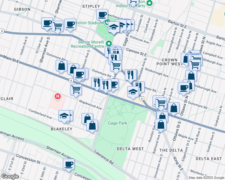 map of restaurants, bars, coffee shops, grocery stores, and more near in Hamilton