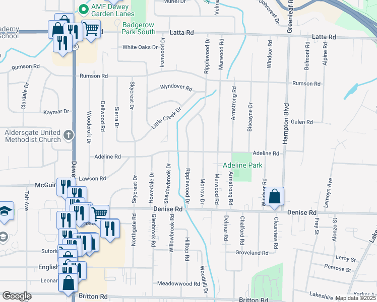 map of restaurants, bars, coffee shops, grocery stores, and more near Adeline Road & Ripplewood Drive in Rochester