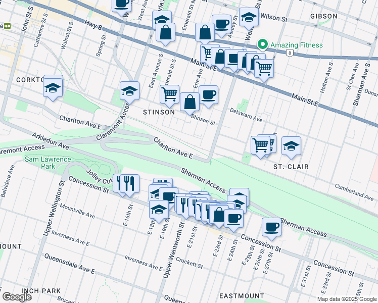 map of restaurants, bars, coffee shops, grocery stores, and more near 467 Charlton Avenue East in Hamilton