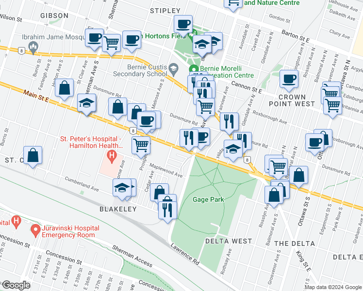 map of restaurants, bars, coffee shops, grocery stores, and more near 949 Main Street East in Hamilton