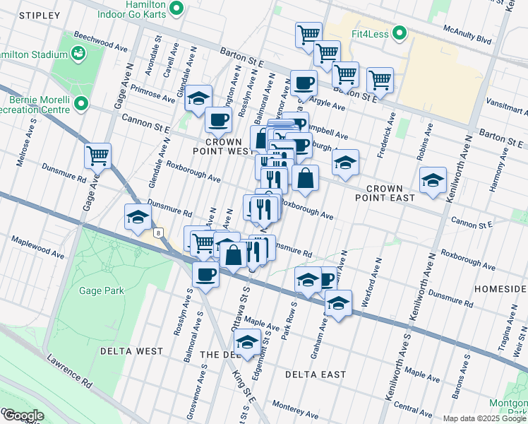 map of restaurants, bars, coffee shops, grocery stores, and more near 105 Ottawa Street North in Hamilton