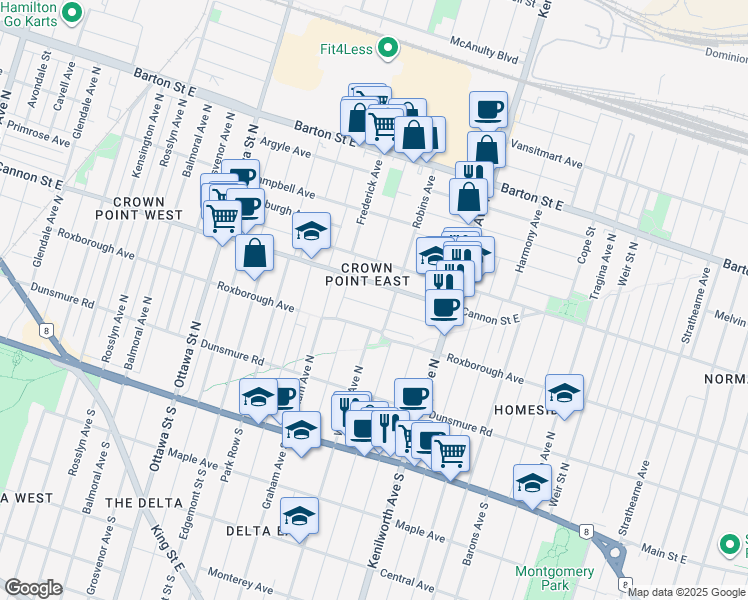 map of restaurants, bars, coffee shops, grocery stores, and more near 27 Cambridge Avenue in Hamilton