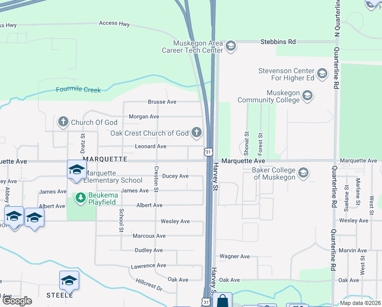 map of restaurants, bars, coffee shops, grocery stores, and more near 1517 Marquette Avenue in Muskegon