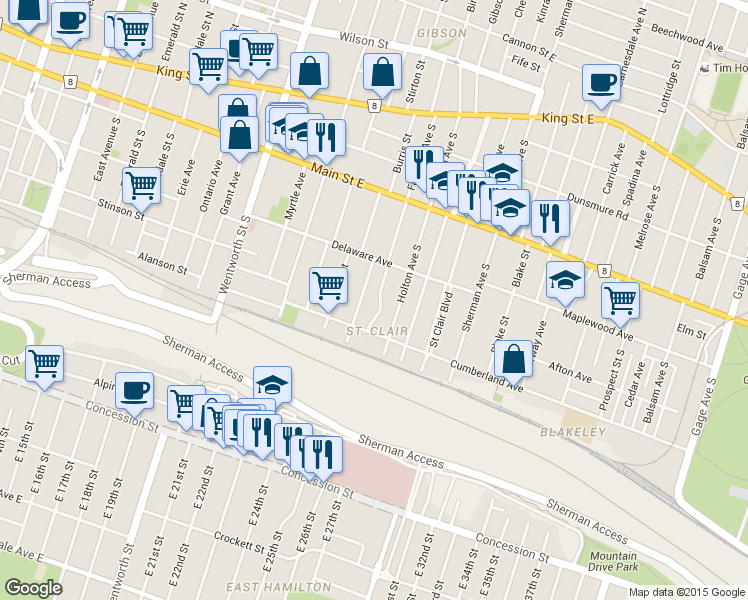 map of restaurants, bars, coffee shops, grocery stores, and more near 40 Fairleigh Crescent in Hamilton
