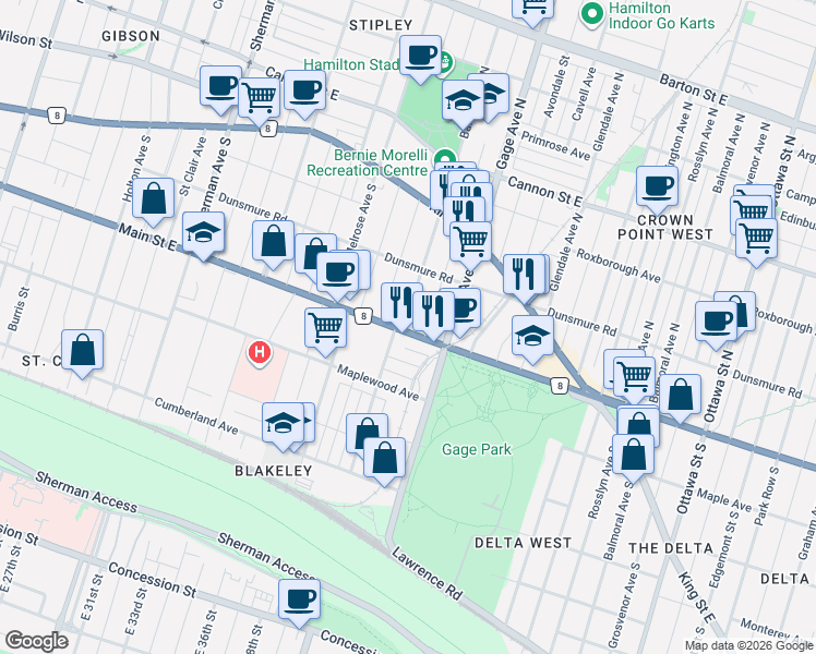 map of restaurants, bars, coffee shops, grocery stores, and more near 109 Balsam Avenue South in Hamilton