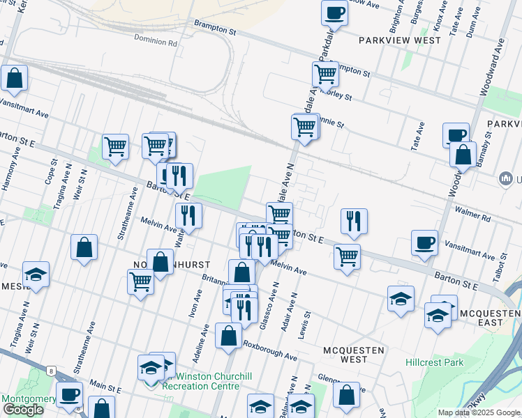 map of restaurants, bars, coffee shops, grocery stores, and more near 300 Glennie Avenue in Hamilton