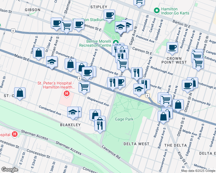 map of restaurants, bars, coffee shops, grocery stores, and more near 948 Main Street East in Hamilton
