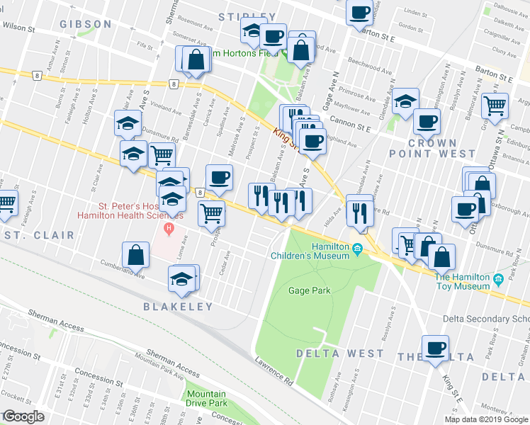 map of restaurants, bars, coffee shops, grocery stores, and more near 948 Main Street East in Hamilton