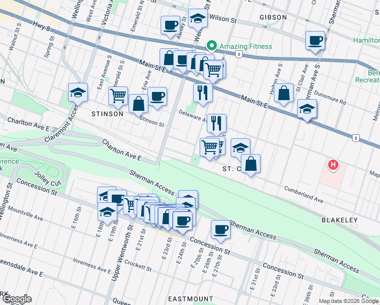 map of restaurants, bars, coffee shops, grocery stores, and more near in Hamilton