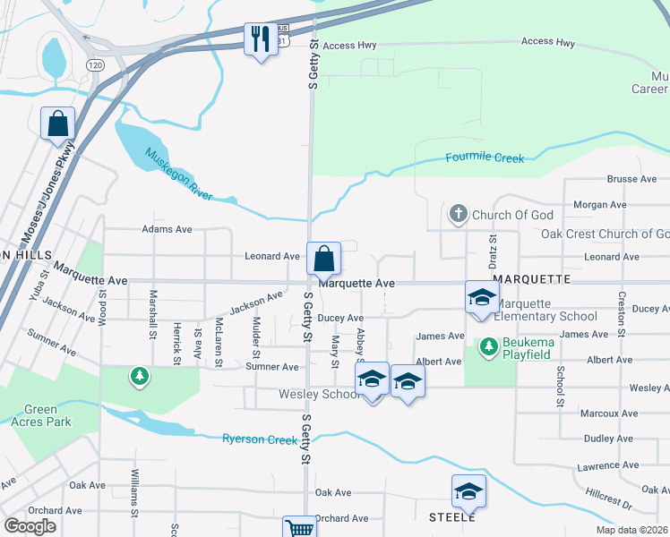 map of restaurants, bars, coffee shops, grocery stores, and more near 851 Marquette Avenue in Muskegon