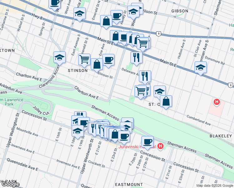 map of restaurants, bars, coffee shops, grocery stores, and more near 14 Cumberland Avenue in Hamilton