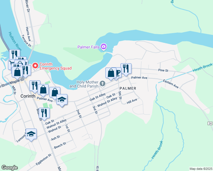 map of restaurants, bars, coffee shops, grocery stores, and more near 411 Palmer Avenue in Corinth