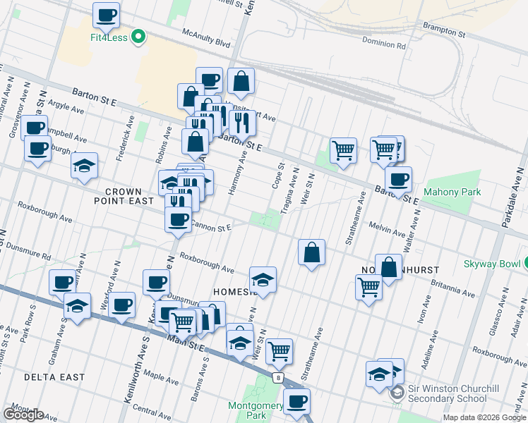 map of restaurants, bars, coffee shops, grocery stores, and more near 55 Allan Avenue in Hamilton
