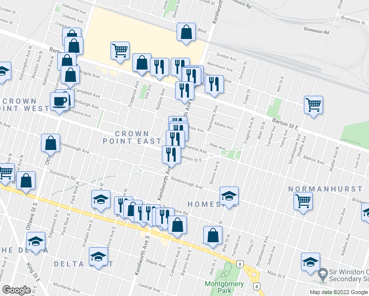 map of restaurants, bars, coffee shops, grocery stores, and more near 262 Britannia Avenue in Hamilton