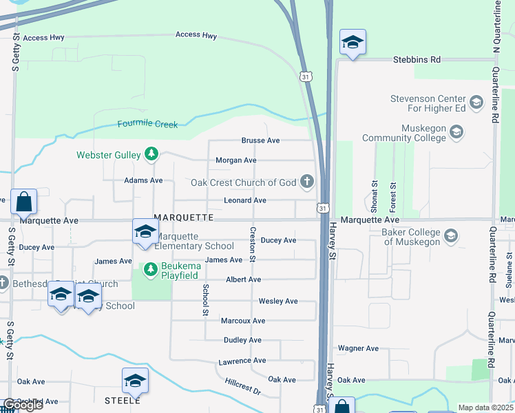 map of restaurants, bars, coffee shops, grocery stores, and more near 372 Creston Street in Muskegon