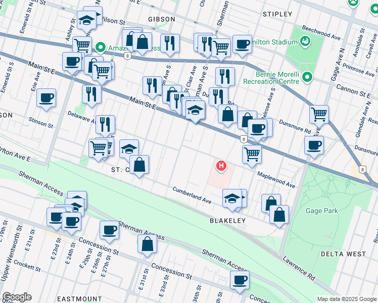 map of restaurants, bars, coffee shops, grocery stores, and more near 20 Maplewood Avenue in Hamilton