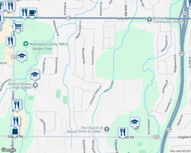map of restaurants, bars, coffee shops, grocery stores, and more near 187 Crossroads Lane in Rochester