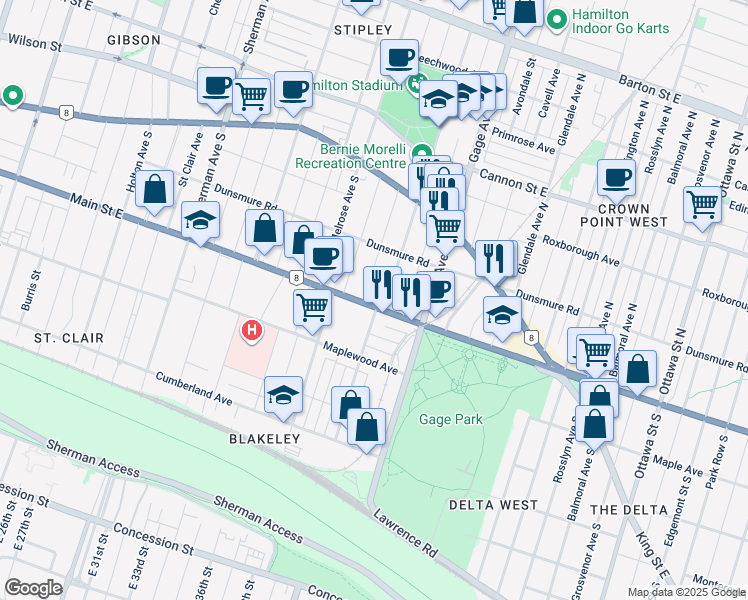 map of restaurants, bars, coffee shops, grocery stores, and more near in Hamilton