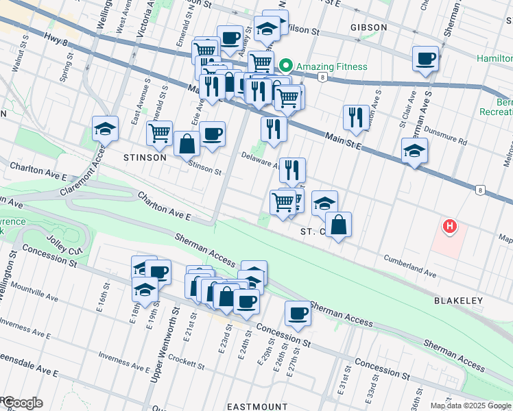 map of restaurants, bars, coffee shops, grocery stores, and more near in Hamilton
