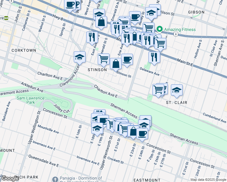 map of restaurants, bars, coffee shops, grocery stores, and more near in Hamilton