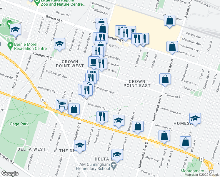 map of restaurants, bars, coffee shops, grocery stores, and more near 127 Park Row North in Hamilton