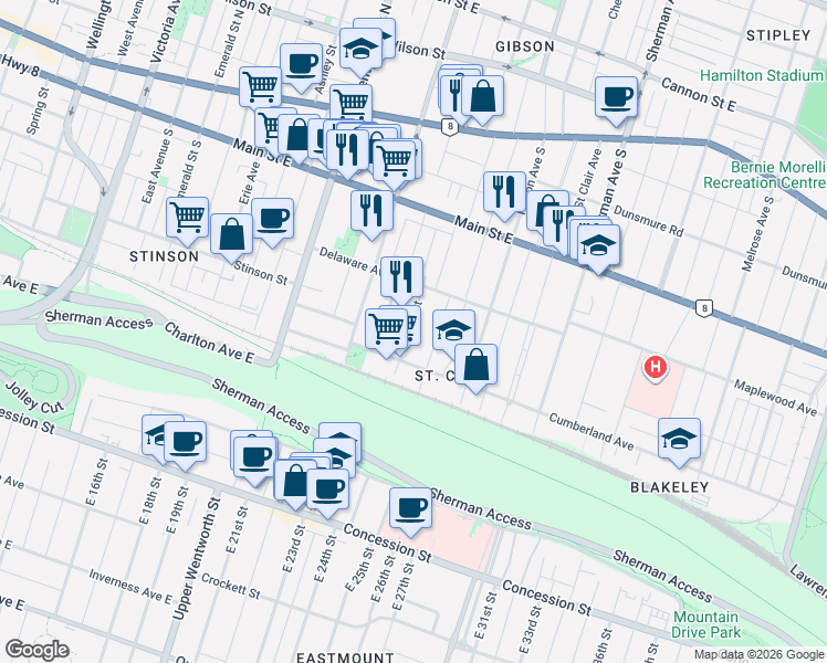 map of restaurants, bars, coffee shops, grocery stores, and more near 179 Burris Street in Hamilton