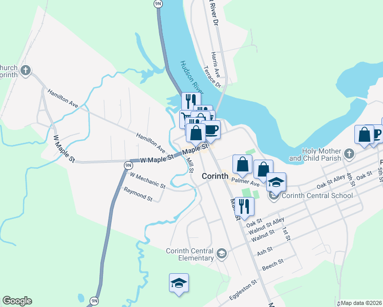 map of restaurants, bars, coffee shops, grocery stores, and more near 112 Maple Street in Corinth