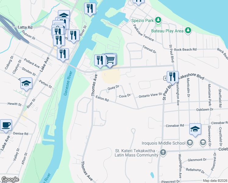 map of restaurants, bars, coffee shops, grocery stores, and more near 66 Quay Drive in Rochester