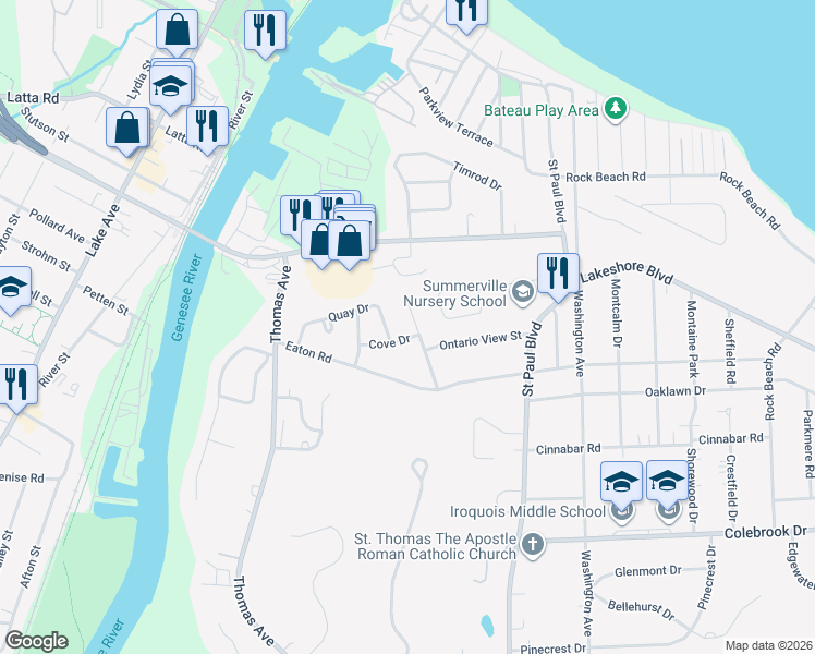 map of restaurants, bars, coffee shops, grocery stores, and more near 38 Quay Drive in Rochester