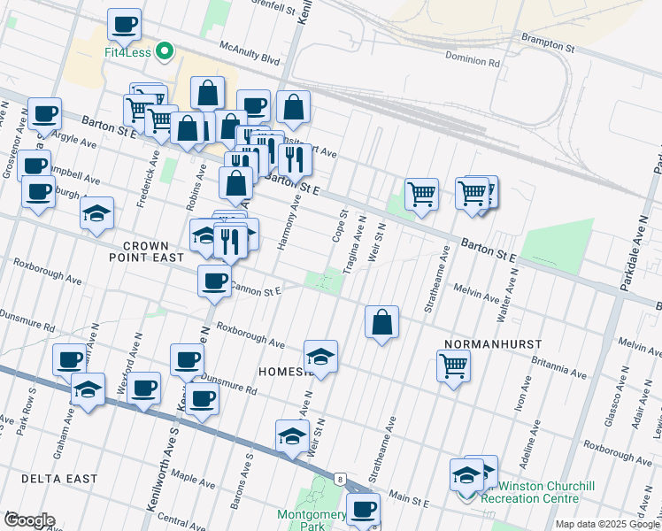 map of restaurants, bars, coffee shops, grocery stores, and more near 230 Cope Street in Hamilton