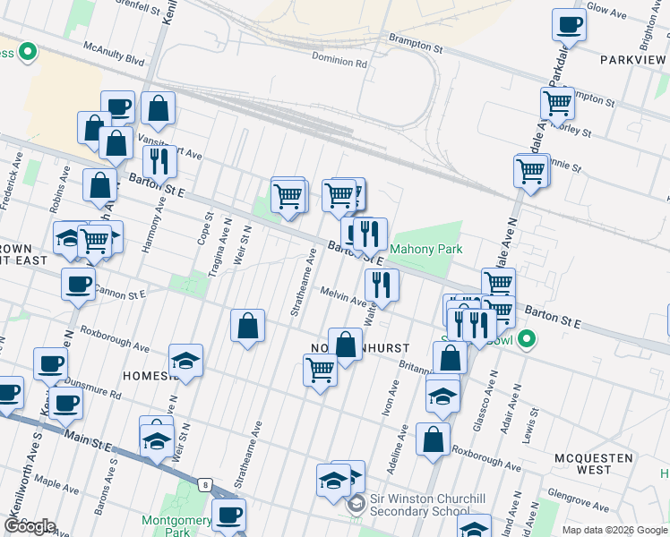 map of restaurants, bars, coffee shops, grocery stores, and more near 277 Normanhurst Avenue in Hamilton