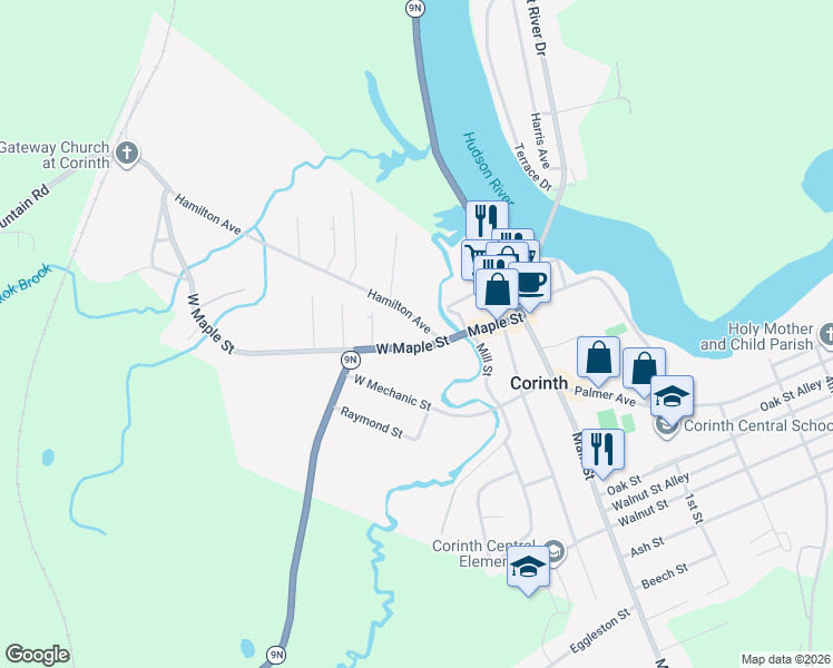 map of restaurants, bars, coffee shops, grocery stores, and more near 15 Hamilton Avenue in Corinth