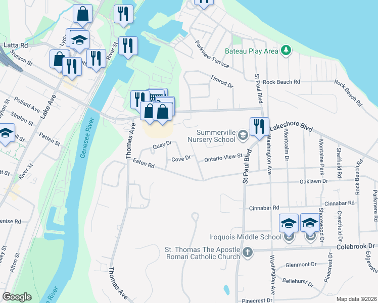 map of restaurants, bars, coffee shops, grocery stores, and more near 38 Quay Drive in Rochester