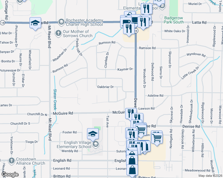 map of restaurants, bars, coffee shops, grocery stores, and more near 68 Oakbriar Drive in Rochester