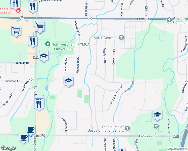 map of restaurants, bars, coffee shops, grocery stores, and more near 243 Apple Creek Lane in Rochester