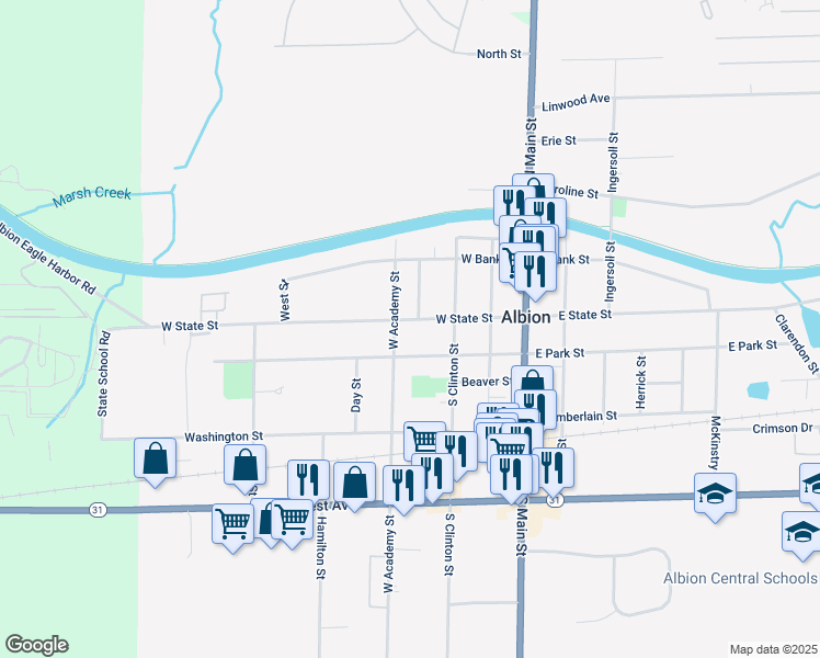 map of restaurants, bars, coffee shops, grocery stores, and more near 5 East Academy Street in Albion