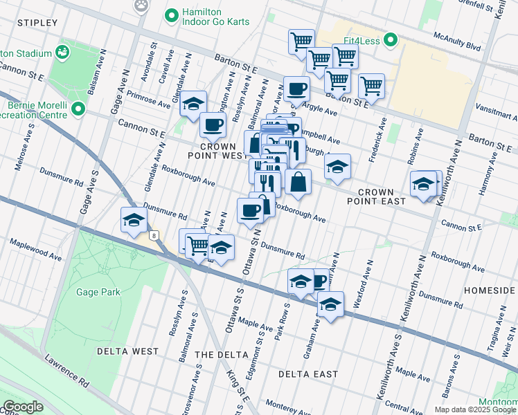 map of restaurants, bars, coffee shops, grocery stores, and more near 148 Ottawa Street North in Hamilton