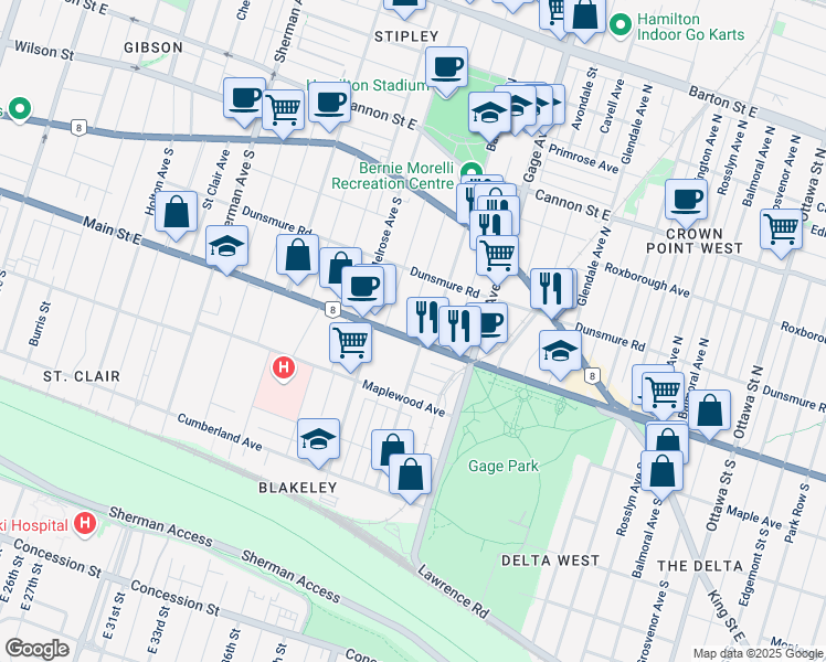 map of restaurants, bars, coffee shops, grocery stores, and more near in Hamilton